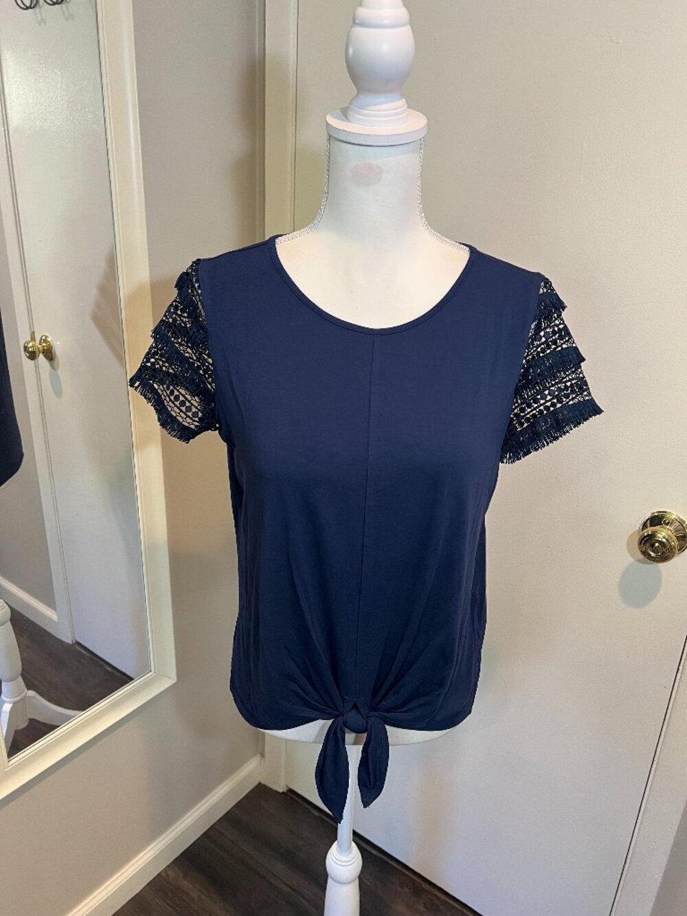 NWT INC Blue Front Tie Lace Short Sleeve Top, Size Small